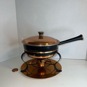 Vtg Round Chafing Dish w/ Warmer Plate Brass & Copper Wood Ralbanez Italy MCM
